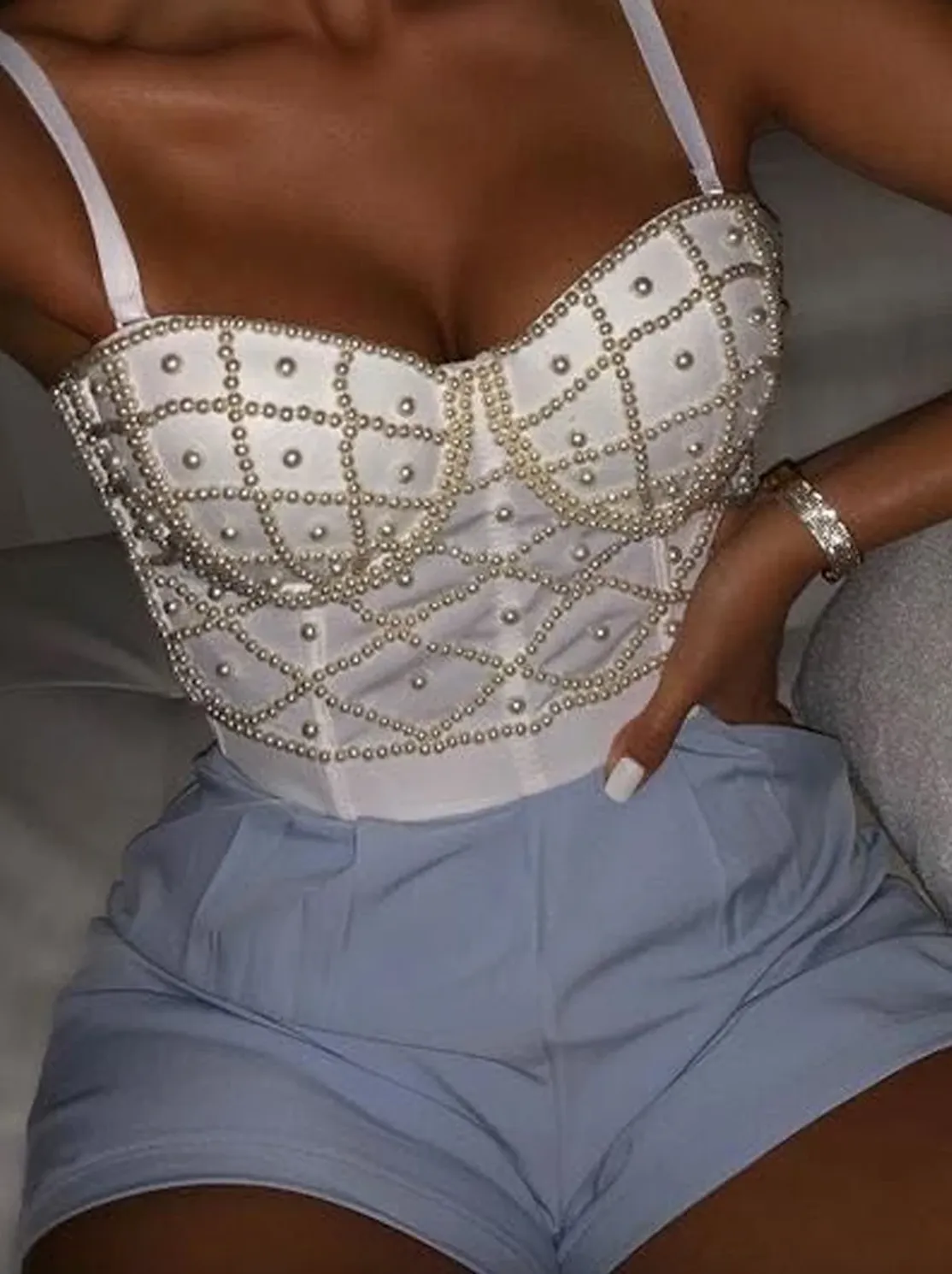 Women's Summer Slim Embroidered Short Strap Faux Pearl Beaded Bustier Corset Cami Top